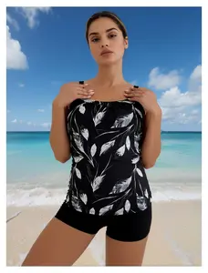 Tankini Swimsuit Women Two Piece Black & White Feather Print - One Shoulder Bathing Suit - Conservative Short Sleeve Beachwear - Off Shoulder Swim Top with Shorts