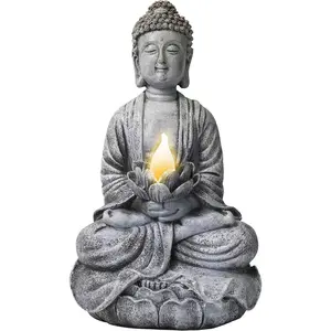 Home Buddha Statue for Home and Outdoor Decor, Solar Powered Flickering LED Garden Light, Zen Meditation, Religious Ornaments