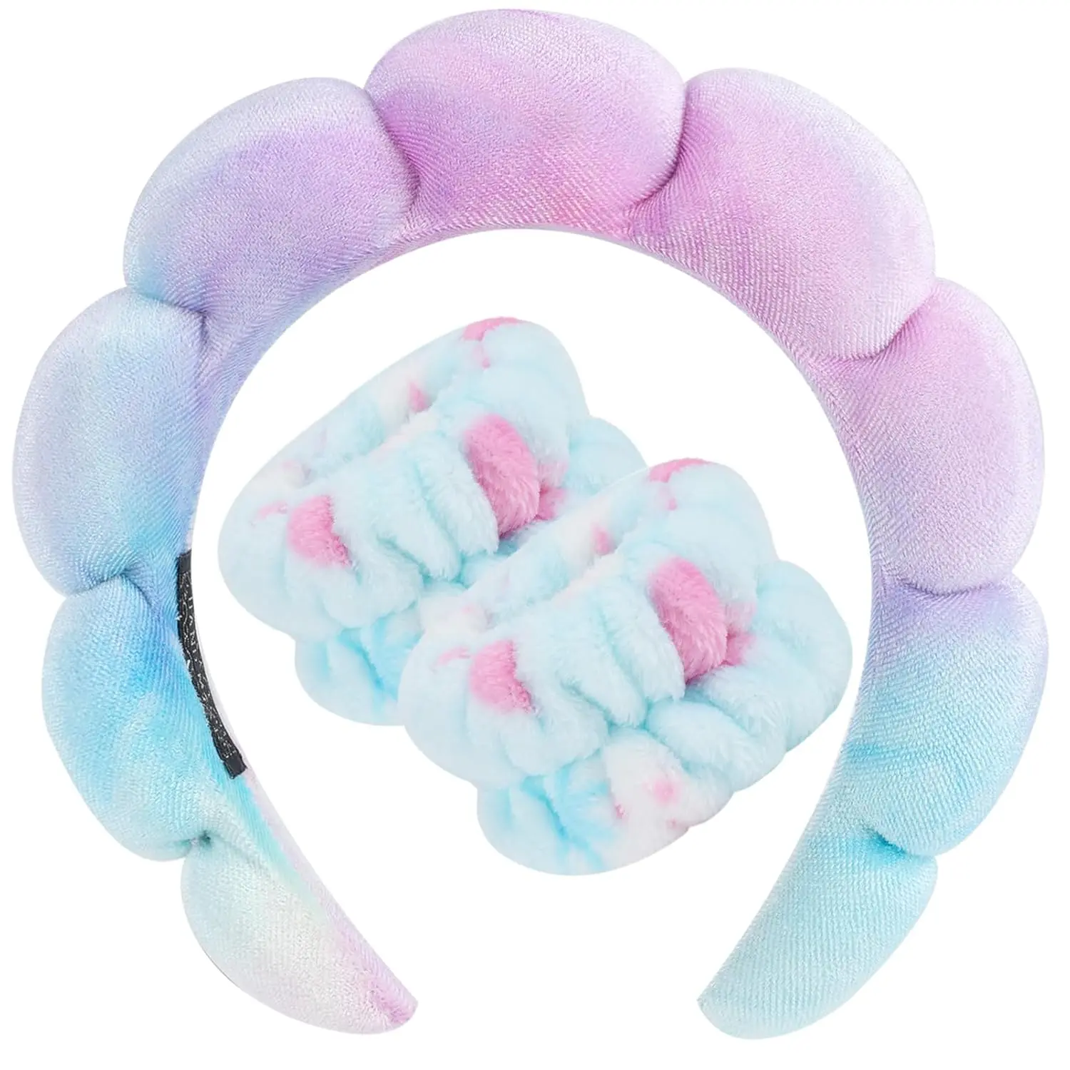 HBB24 Tie Dye Velvet Spa Headband & Terry Cloth Wristband Set - Puffy Padded, Non-Slip, Thick, Bubble-Soft Hair Accessory for Women - Ideal for Face Washing, Makeup, Skincare, Anniversary Gatherings, Walks, Thanksgiving Day, Appointments