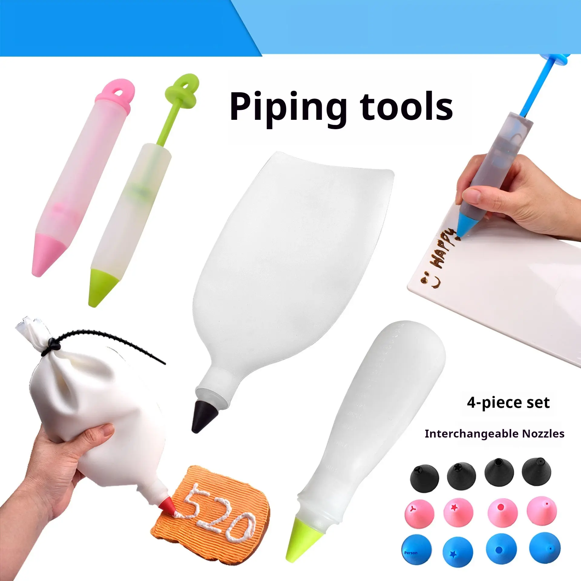 Rectangular 4-Piece Cake Decorating Nozzle Set - Silicone Chocolate Cream Gun, Decorating Pen, Piping Bag, Piping Bottle for Baking & Writing (Home, Festive & Party Supplies)