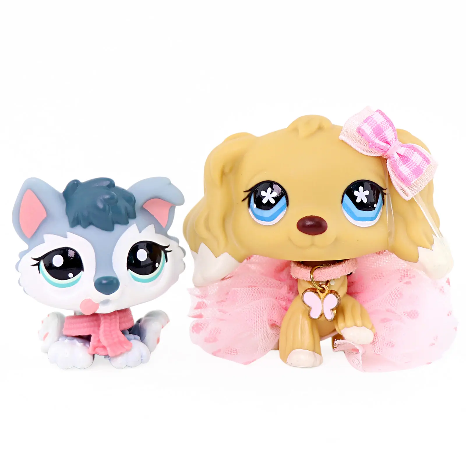 2 Pcs Collectible Mini Dog Figurines, Husky and Cocker Spaniel Puppy Figures with Fashion Outfit Accessories, Cartoon Animal Toy Set for Kids Play & Decoration