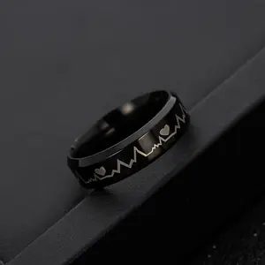 Unisex Black Titanium Steel Heartbeat Couple Ring – 6MM Width, US Size 6-13, Ideal Gift for Mother’s, Father’s, Independence, Labor, Halloween, Thanksgiving, Christmas, New Year, and Valentine’s Day.