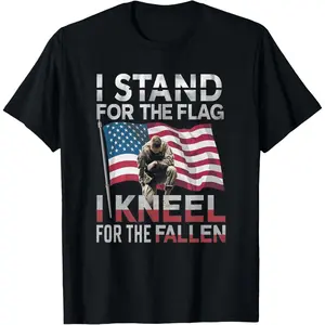 Cotton Graphic Tees Casual Round Neck Shortsleeve I Stand For The Flag I Kneel For The Fallen Memorial Day 4th T-Shirt