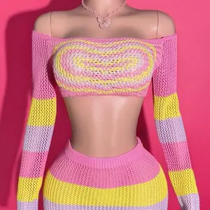 2025 Summer New Music Festival Birthday Party Graduation Season Student Daily Wear Casual Vacation Cruise Travel Beach Sunbathing Viral Hits Strapless Backless Heart Pattern Bodycon Mini Knit Skirt Set Contrast Color Crochet Women 2-Piece