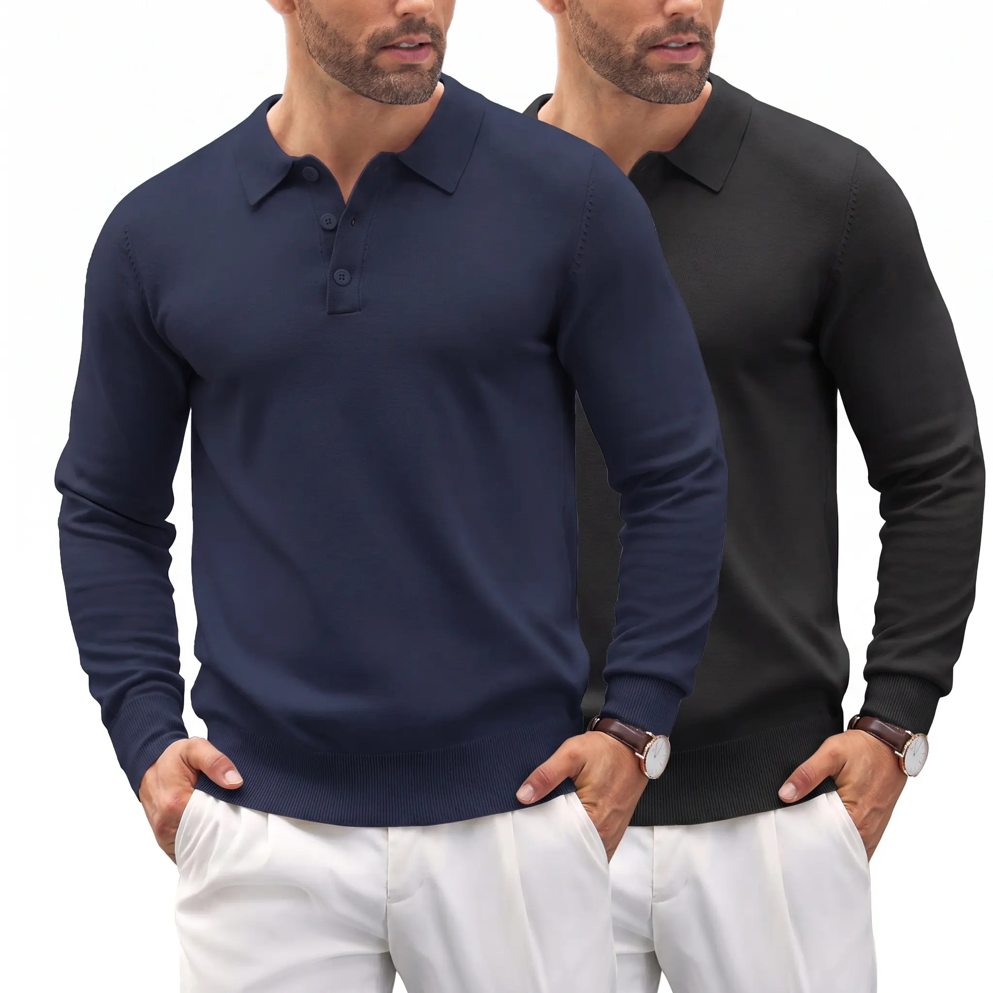 COOFANDY 2 Pack Men's Knit Button Down Polo Shirts - Long Sleeve Casual Quarter Formal Golf Tops Set