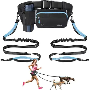 Hands Free Dual Dog Leash, Adjustable Waist Leash for 2 Dogs Walking with Dual Bungees Padded Handle, Shock Absorbing for Small Medium Dogs Outdoor Activities, Black+Blue