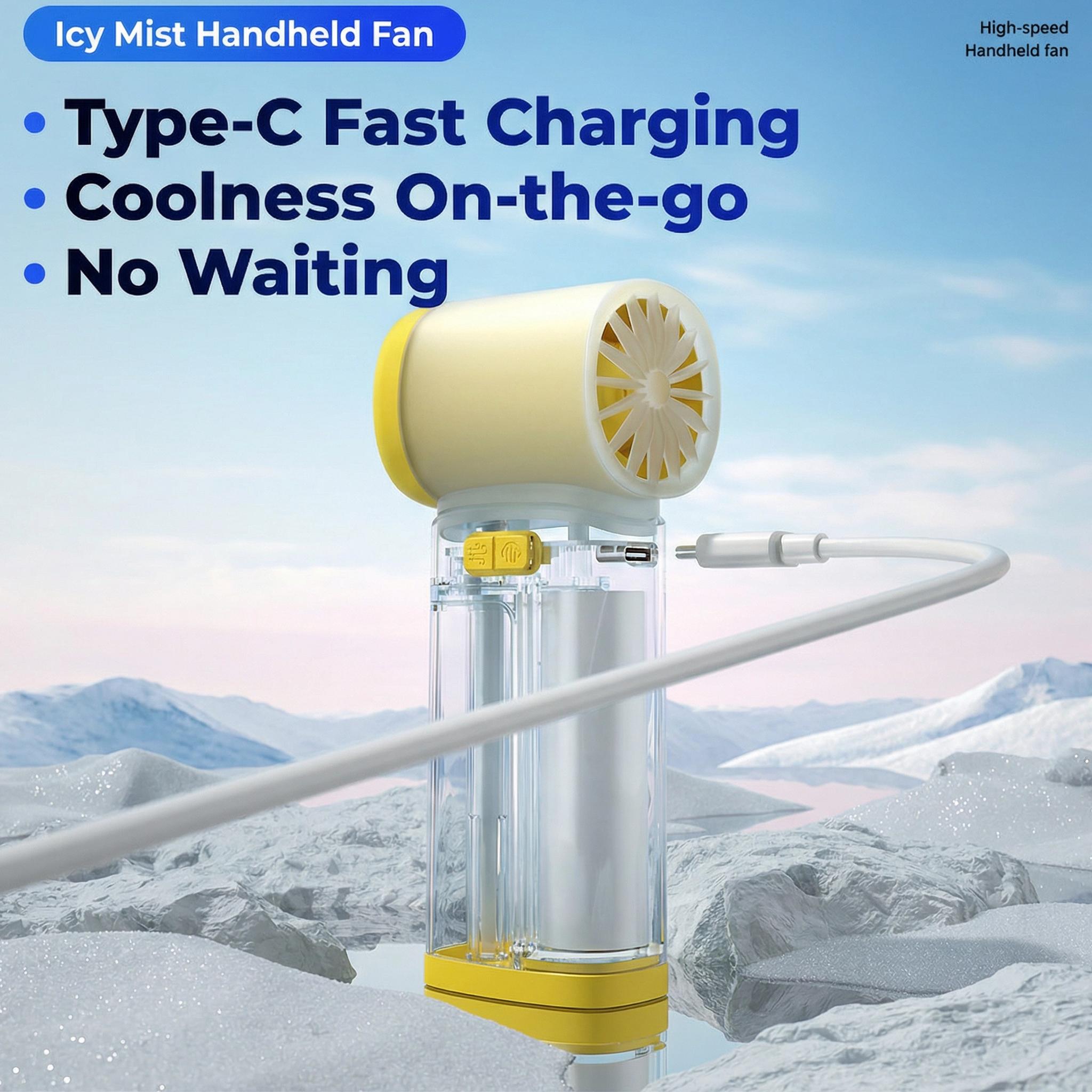 Mini AC Nano Ice Mist Fan, 200-Speed Turbo Airflow, Ultrasonic Atomization, Pop-up Water Tank, Aerospace Turbine Blades, Large Visual Water Tank, Type-C Fast Charging, Long-Lasting Battery, Warm Ambient Light, Portable Handheld Cooling Fan.