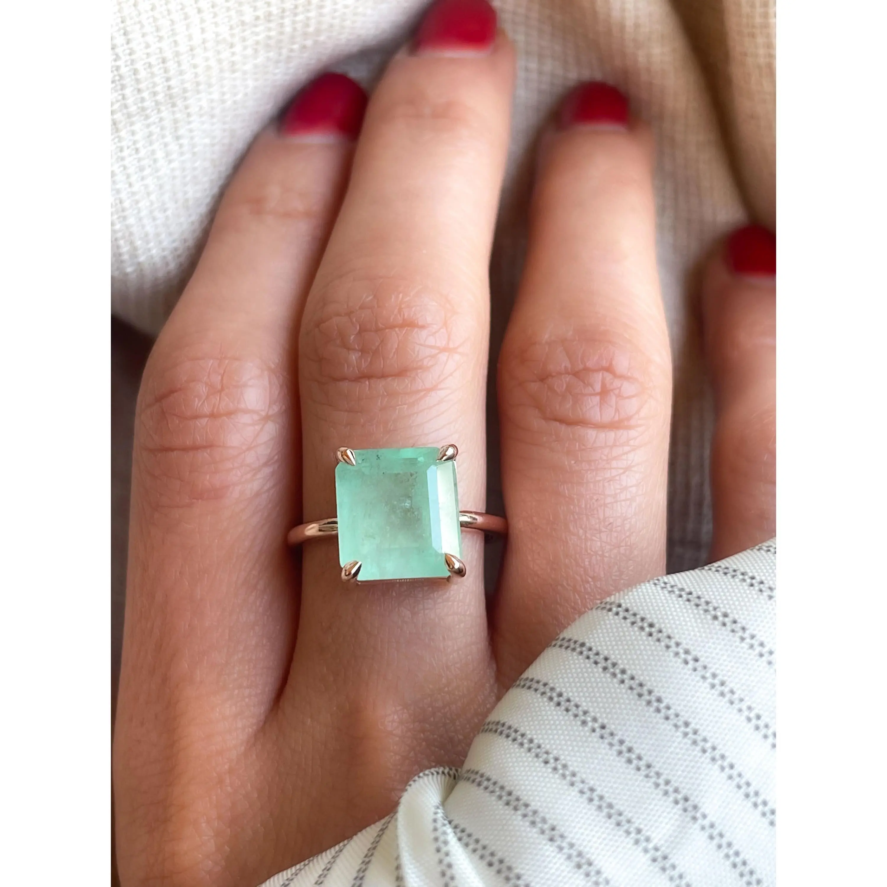 7Ct Natural Light Green Emerald Solitaire Ring in Solid Gold, Green Beryl Ring