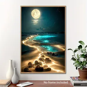 Moonlit Beach Romance Canvas Art - Seaside Moon Wall Decor, No Frame Included, Perfect for Living Room, Bedroom & More Photo Ornaments Print Artistic Decoration