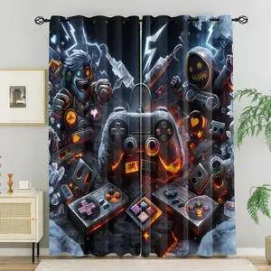 Gamer Retro Game Controller Print Curtains 2 Panels, 80%-90% Light Blocking Darkening Curtains, Gaming Printed Curtains, Cyberpunk Video Game Decoration Curtains for Teen Boys & Gaming Room Bedroom Decor