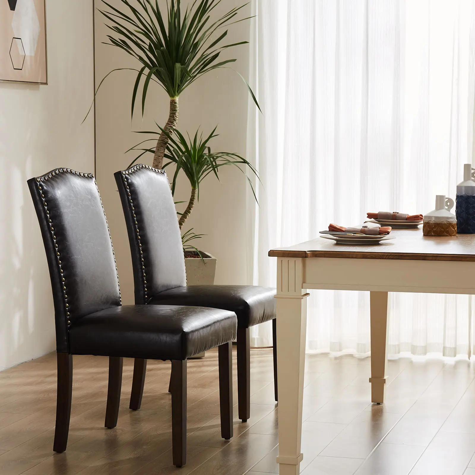 Set of 2 Dark Brown PU Leather Dining Chairs with Nailhead Trim & Wood Legs Comfortable Modern Kitchen Dining Room Chairs Easy Clean Home Goods