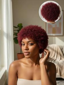 Glueless Wigs Human Hair Wigs Short Afro Kinky Curly Burgundy Color Wig For Women Human Wigs 99j Color high Density Pixie Curl Afro Wig Afro Kinky Curly Wigs Onetide Hair