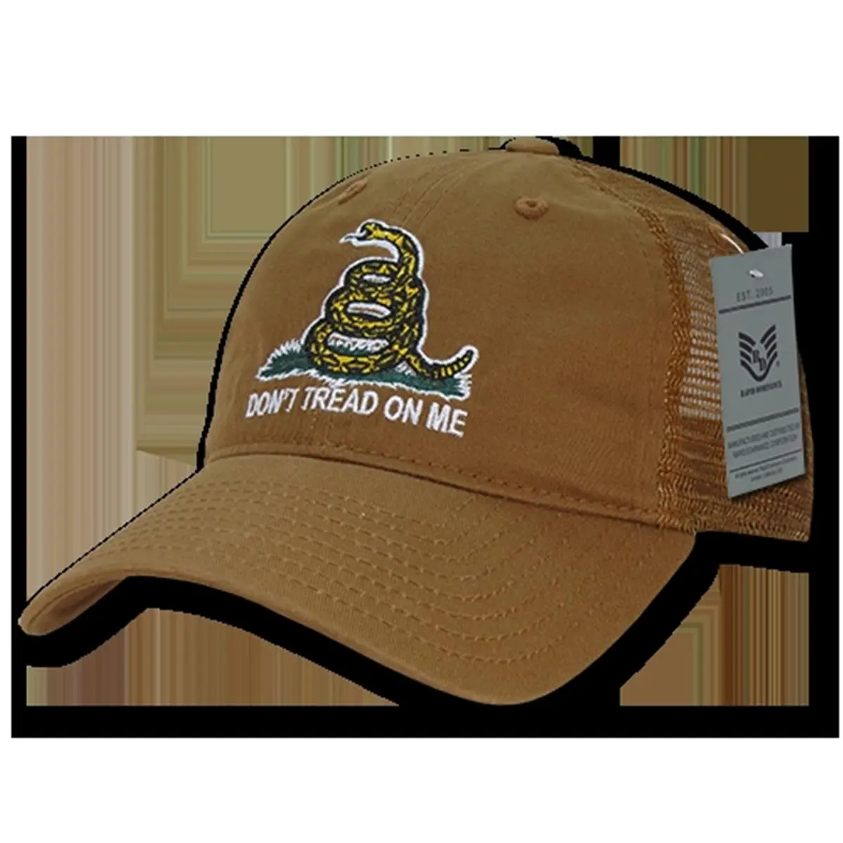 212 MAIN Gadsden Flag Emblem Relaxed Trucker USA Cap - Coyote, Relaxed Look, Unisex Fit