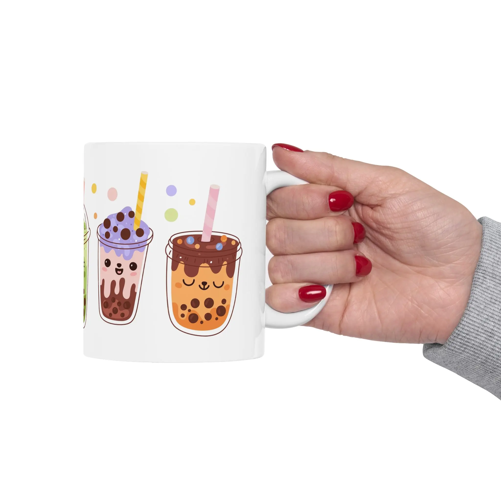 11oz Glossy Compact Classic Reusable Ceramic Boba Bubble Tea Mug - Microwave-Safe, Washable Kawaii Drinkware for Beverage Serving