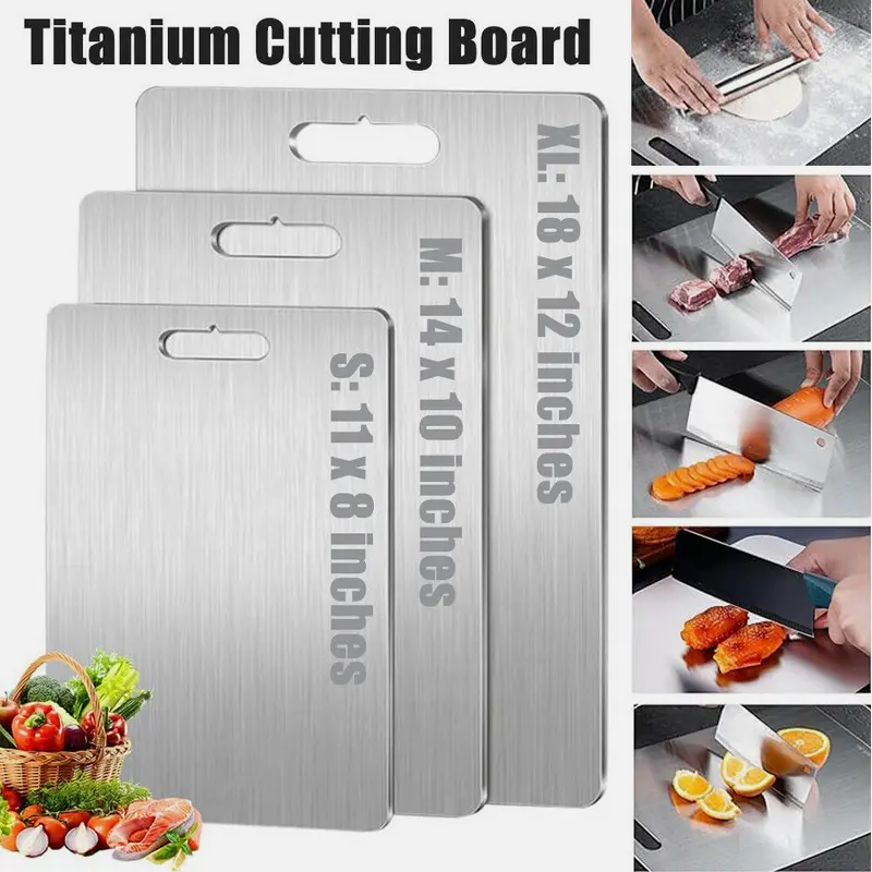 SJPACK Titanium-Stainless Steel Dual-Sided Cutting Board, Sturdy Lightweight 0.06inch/1.5mm Thick Board for Chopping, Slicing, Dicing & Sharp Knives, Food Prep Home Kitchenware