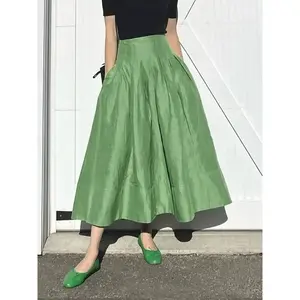 French Retro Green High Waist Flared Umbrella Skirt Women Early Spring New Draped Pleated Skirt