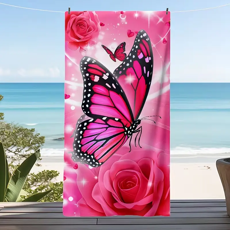 Oversized Romantic Pink Butterfly Rose Microfiber Beach Towel, Sparkle Heart Floral Girly Print Quick Dry Sand Resistant Swim Blanket for Women Summer Travel Camping