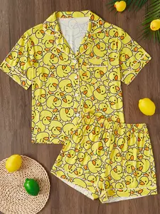 Women's Two-Piece Matching Pj Set Sleepwear Pajama Loungewear Homewear Set, Duck Print Cute Casual Elegant Fashion, Short Sleeve Button-Down Top and Shorts, Comfortable Loose Fit, Pajamas Sleepwear
