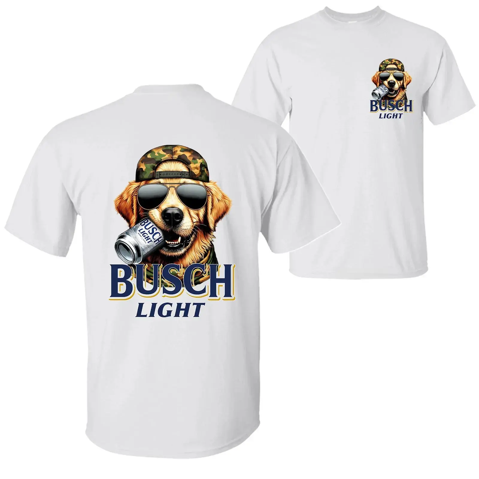 Unisex Bush Light Golden Retriever Hunting Dog Beer Can Biting Graphic Top - 2-Sided Print, Classic Comfort Cotton, Casual, Round/Crew Neck, Short Sleeve T-Shirt Sweatshirt Hoodie