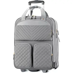 Underseat Carry On Luggage with Wheels, Multiple Compartments Airline Approved Personal Item Bag with Leather Handle, Lightweight Travel Carry-On Rolling Suitcase for Women Men, Grey, L