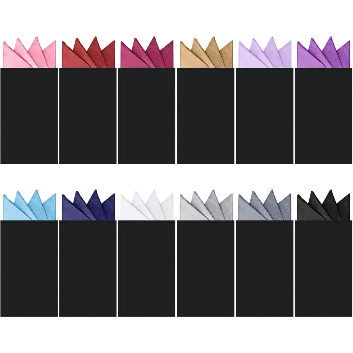 Male 12-Piece Polyester Satin Handkerchief Set - Elegant Solid Multi Color, Pre-Folded with Card Insert, Matte Satin Appearance, 2.8in W x 1.4in H, for Weddings, Anniversary, Business, Synthetic Fabric, Indoor