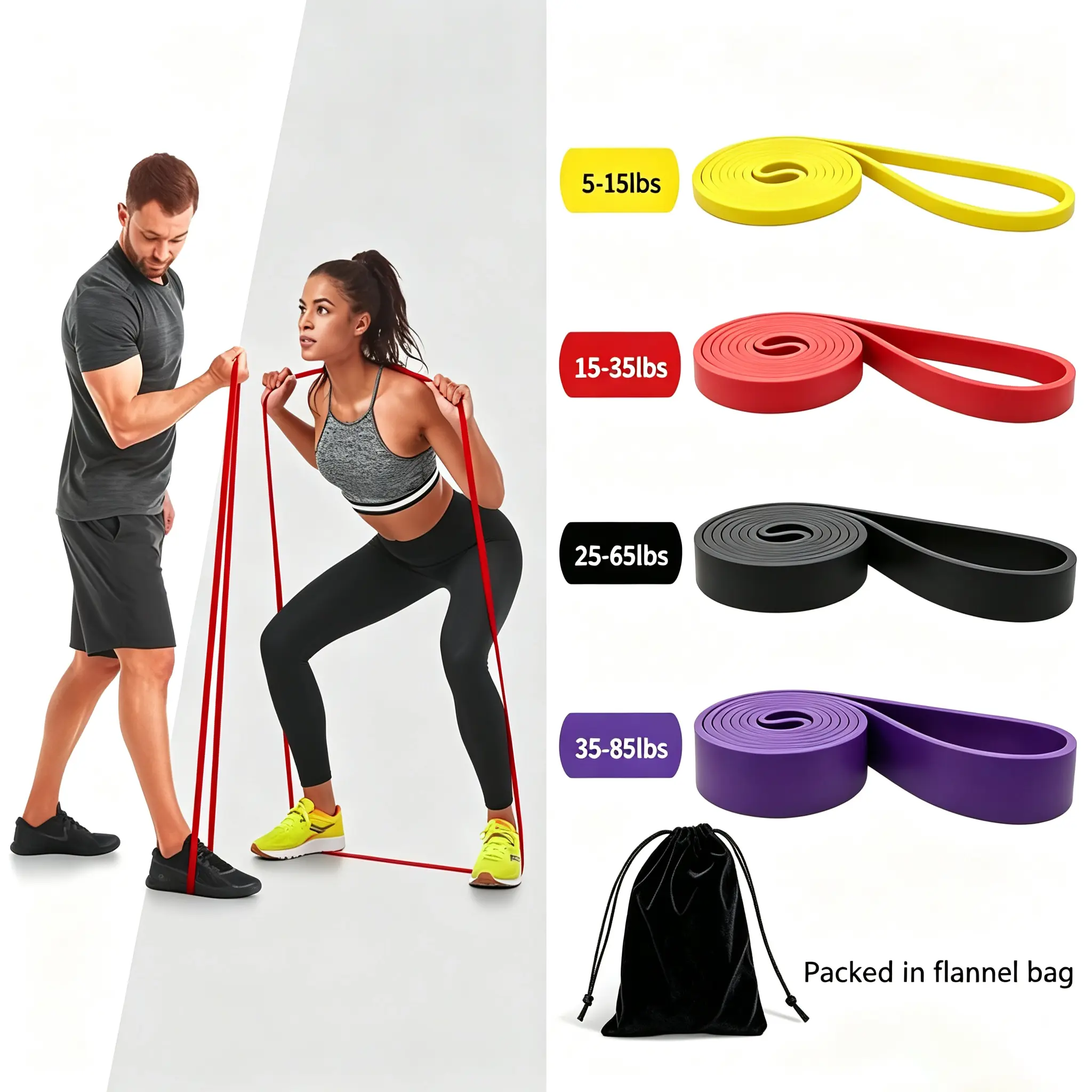 TPE Resistance Bands, 4-Piece Long Loop Workout Bands for Strength Training, Stretching, Arm Workouts for Women, 5-85LB Set with Pouch, Stretching Bands