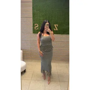 FRINGED TOP AND MIDI SKIRT TWO TONE SWEATER SET: OLIVE