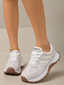 Women's Casual Patchwork Sneakers, Comfortable Lace-Up Rubber Sole Shoes, Medium Width, All-Season Walkers, Trendy Spring & Fall Footwear, Casual Sneaker Trainer, Textile Sneakers