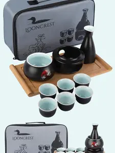 Traditional Ceramic Japanese Sake Cup Set with 6 Cups, 1 Bottle, 1 Warmer, Bamboo Tray, and Cloth Carrying Case - Perfect for Authentic Japanese Experience