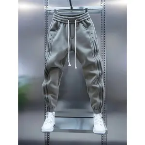 Black Striped Casual Pants for Spring/Autumn/Winter – Elastic Waist Joggers, Loose Fit, Versatile Sports Sweatpants, Warm Outfit for Students and Travel