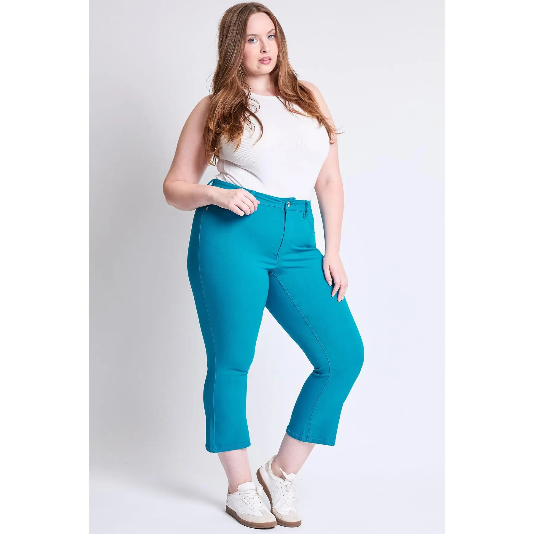 Women's Plus Size (1X-2X) High Rise Kick Flare Cropped Pants - Hyperstretch Spandex-Cotton Bottoms with Button Closure, Zipper, Belt, Pockets, Fit