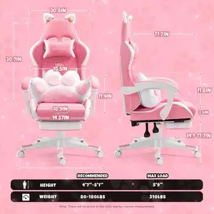 Pink Cat Ears PU Leather Gaming Chair - Ergonomic Reclining Office Chair with Footrest, 310lb Capacity, 6-Position Recline, 360° Swivel