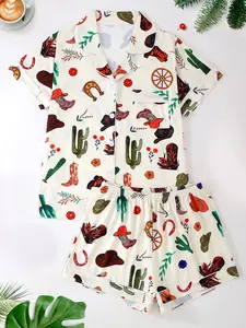 Women's Sleepwear Set, Collared Short Sleeve Cardigan & Loose Elastic Shorts, Western Cowboy Full Print, All Seasons, Casual Home Wear, Pajama Set, Loungewear, Homewear