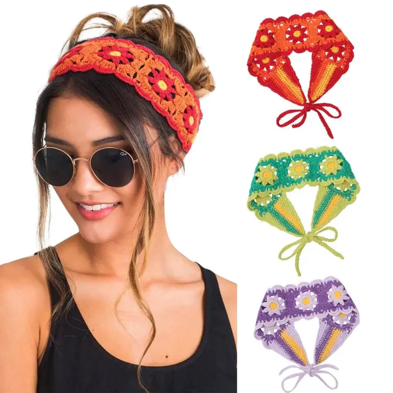 AWAYTR Women's 3-Pack Boho Floral Crochet Cute Headbands - Wide Soft Elastic, Breathable, Handmade-Textured, Comfy Wear, Colorful Beach Hair Accessories, Bow/Feather Ready for Engagement