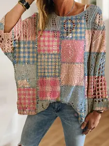 Women's Boho Geometric Print Batwing Long Sleeve Knit Top, Casual Elegant Vacation Style, Comfortable Breathable Loose Fit, Spring Summer Fall Fashion, Knitwear