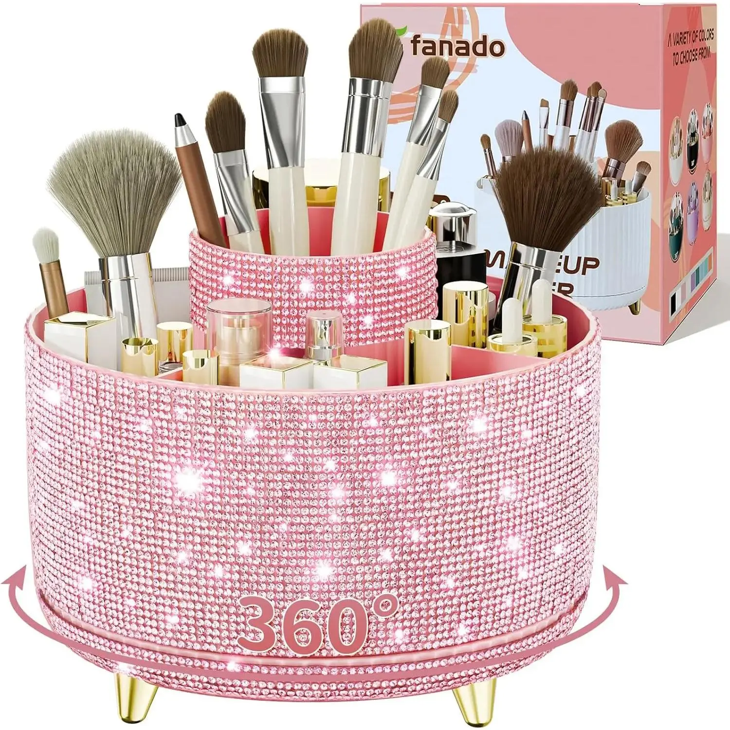 Bling Diamond Makeup Brush Holder, 360° Rotating Organizer for 5 Slot Makeup Brushes, Storage for Cosmetics & Eyeliner & Skincare on the Vanity