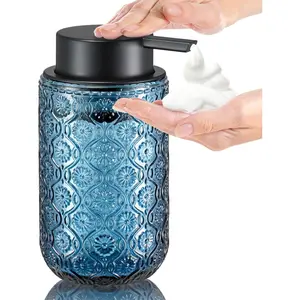 Blue Glass Foaming Hand Soap Dispenser with Matte Black Pump Thick Embossed Bottle Refillable for Bathroom and Kitchen Decor 13.5 oz