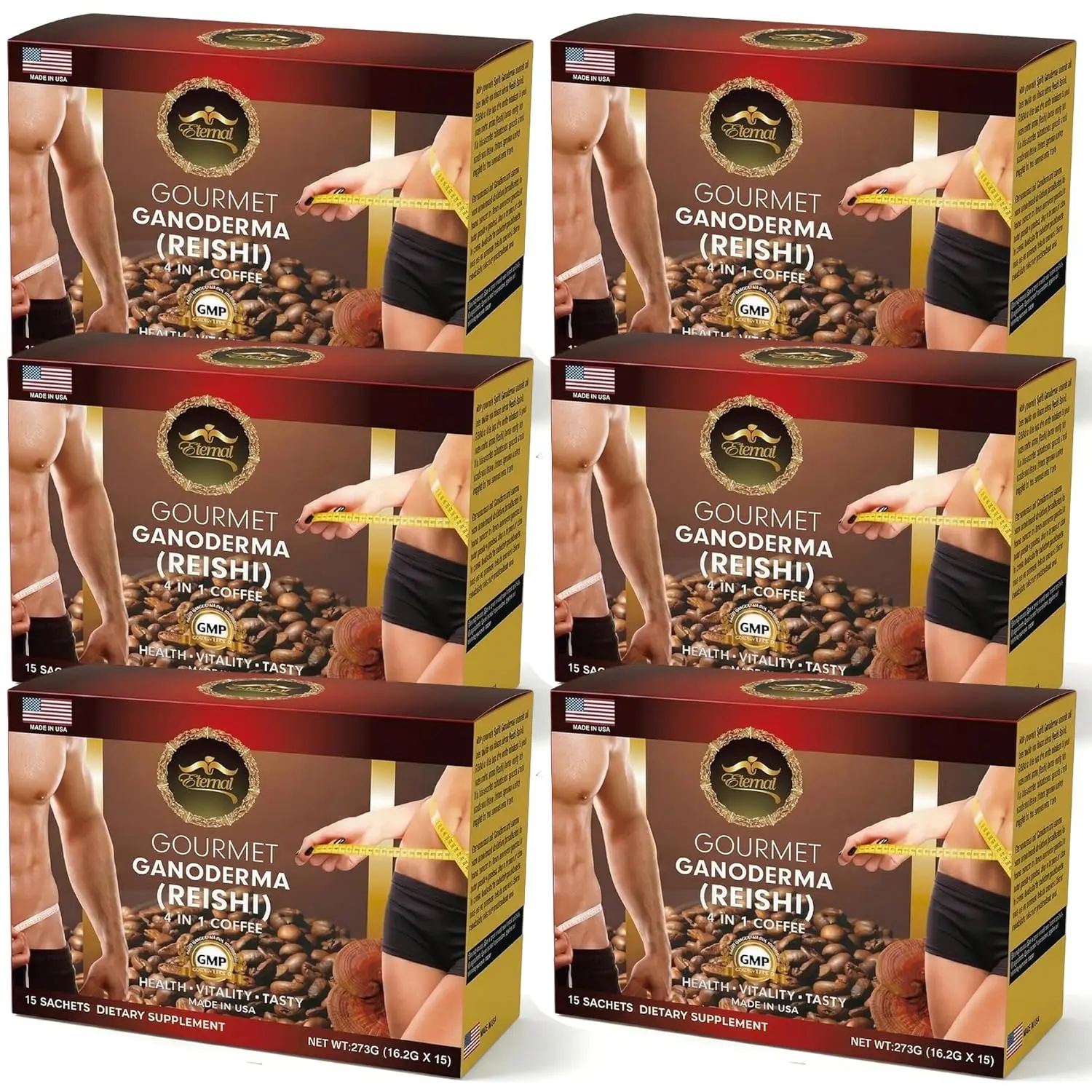 Asian Latte Coffee Ganoderma Singles, 15 Packets (0.64 oz) – Instant Coffee Mix with Reishi Mushroom, Creamy Light Roast, Travel-Friendly Sachets, 6 pack (90 Sachets)
