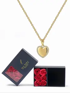 Heart Shaped Pendant Necklace with Rose Gift Box, Elegant Artificial Zircon Decor Adjustable Necklace for Women, Trendy All-match Jewelry for Gift