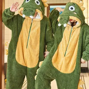 Unisex Cute Crocodile Design Flannel Hooded Jumpsuit, Casual Comfy Long Sleeve Zip Up Jumpsuit for Home Wear, Animal Cosplay Sleepwear for Men & Women, Pajama