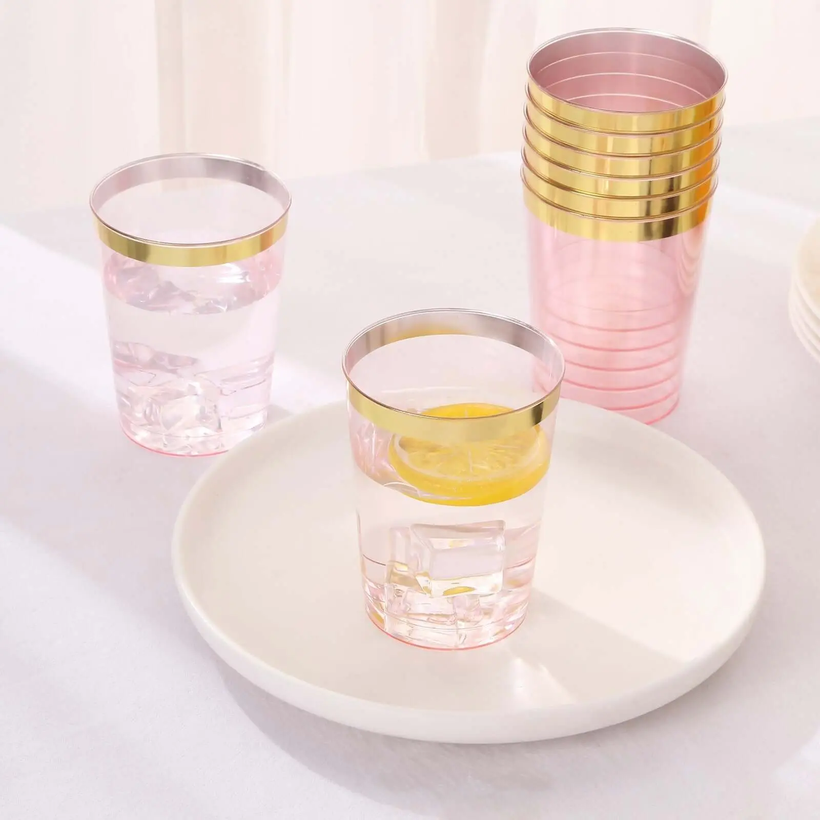 25-Pack Pre-Packed Disposable Plastic Tumbler Cups - 10oz Transparent Blush Pink with Gold Rim, Individual Cups, Crystal-Like Drinking Glasses for Parties, Pre-Packed Disposable Cups
