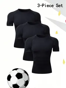 Men's 3-Pack Black Compression T-shirts Quick Dry Breathable Slim Fit Short Sleeve Workout Training Tops for Gym Running Soccer Sports Sports Tee Set