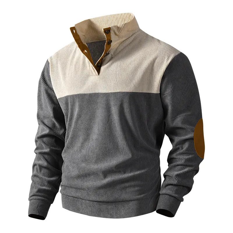 Men’s autumn/winter design-forward stand-collar button sweatshirt, American vintage color-block top, long-sleeve T-shirt with elbow patches, men’s streetwear for fall