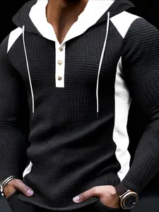 Men's Fashion Casual Plaid Hoodie Sweatshirt, High-End Skin-Friendly Waffle Fabric, 100% Polyester, Essential Golf Polo Wear, Breathable Warm