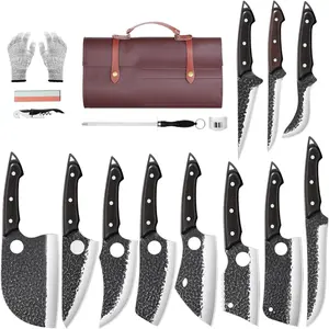 TAN REN 17PCS Butcher Knife Set with Bag, High Carbon Steel BBQ Knife Set for Meat Cutting, Hand Forged Serbian Chef Knives for Man Home & Outdoor Cooking,Father's Day Gift