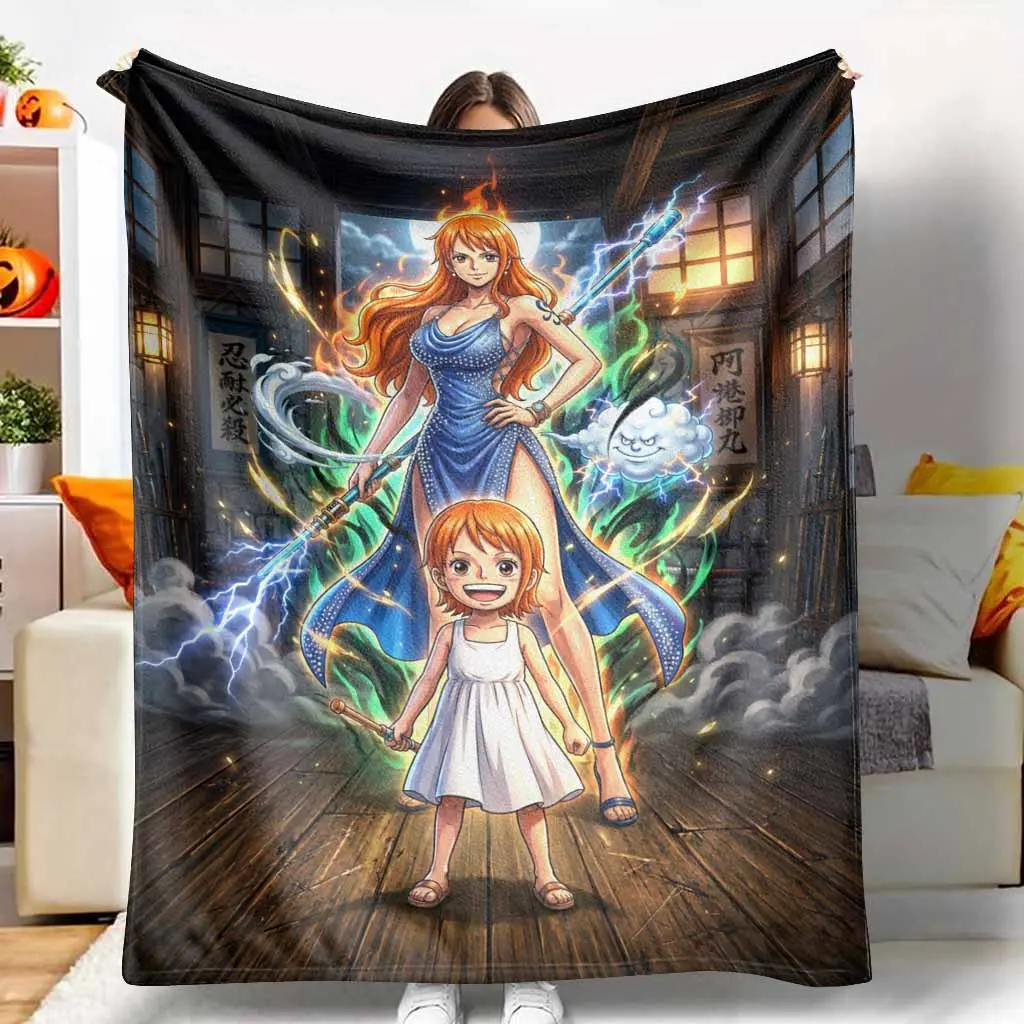 Anime Pirate Sorceress Flannel Blanket Fantasy Lightning Girl Print Soft Warm Lightweight Cozy Throw for Bedroom Sofa Travel Gaming Room Holiday Gift Dorm Lounge