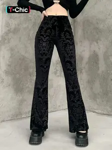 Women's Ethnic Pattern Elastic Waist Flare Leg Pants, Comfort Womenswear for Lady, Fall Clothes, Casual Chic Trousers, Casual Comfy Bell Bottom Velvet Trousers for Fall, Pants for Women, Ladies Bottoms for Daily Wear, Everyday, Fall Outfits, Fallfreshness