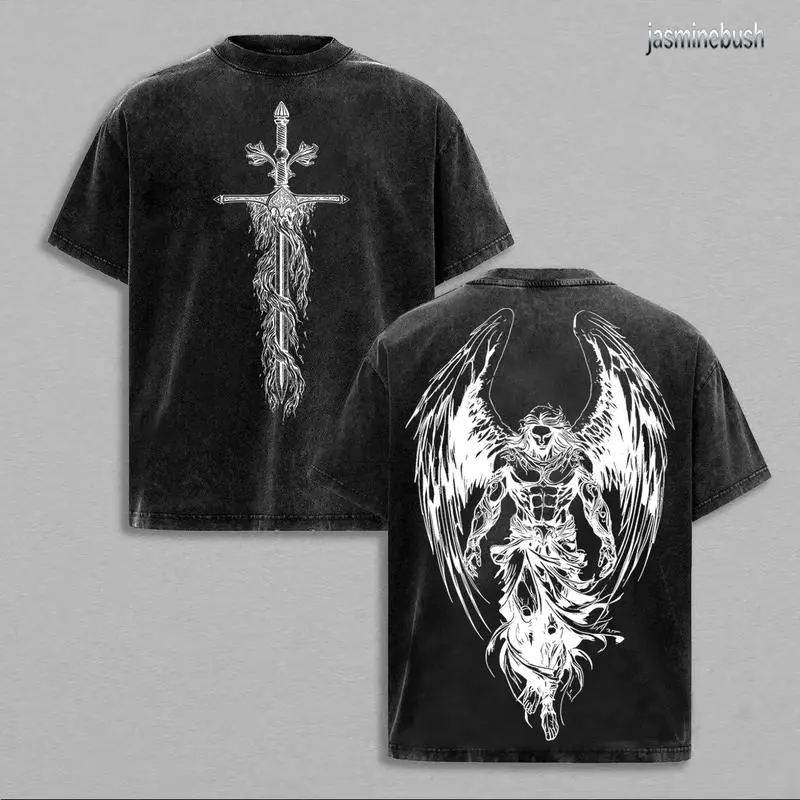 Sanctus Michael Archangelus x Flaming Sword x Shield x Scales of Justice Archangel Michael T-Shirt Saint Michael The Archangel x Flaming Sword T-Shirt Washed Church Outfit Gym Pump Cover ,Christian Religious , Streetwear Festive Distressed Tshirt