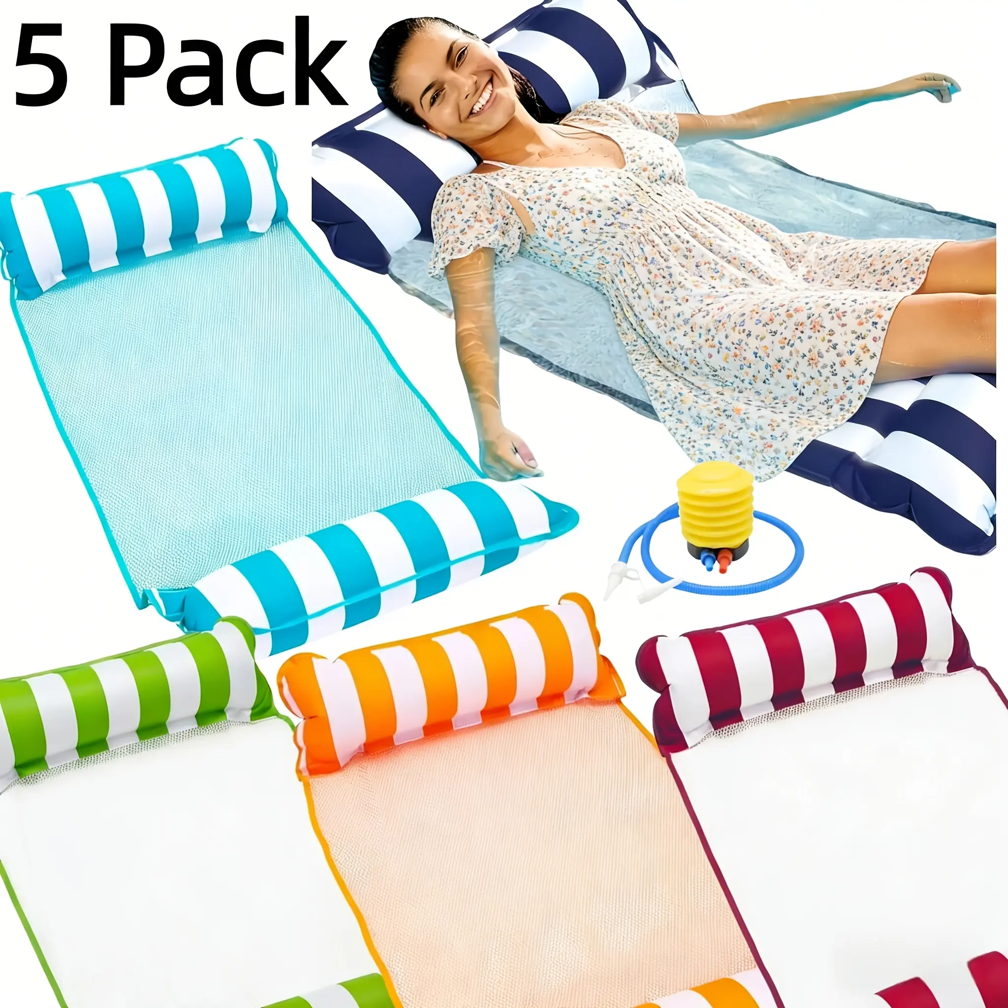 5 Pack Inflatable Pool Floats Adult Size Water Hammock, Pool Rafts Lounge Chairs Floating, 4-in-1 Multi-Purpose Pool Floaties, Floats For Swimming Pool