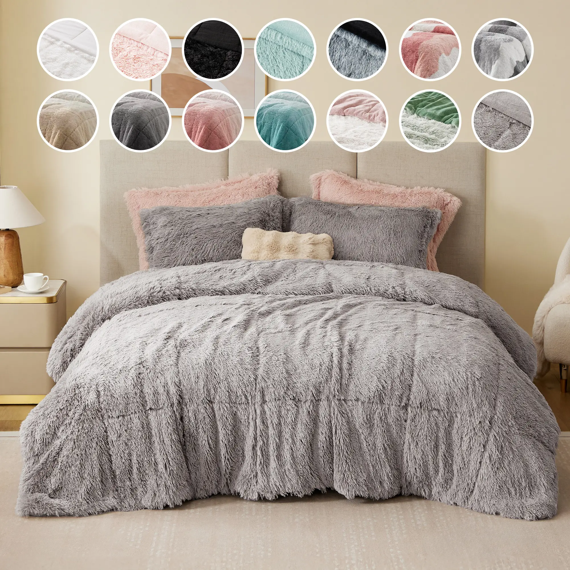 Shaggy Comforter Set, Long Faux Fur Cozy Down Alternative, Modern Casual Ultra Soft All Season Fluffy Bedding with Matching Sham